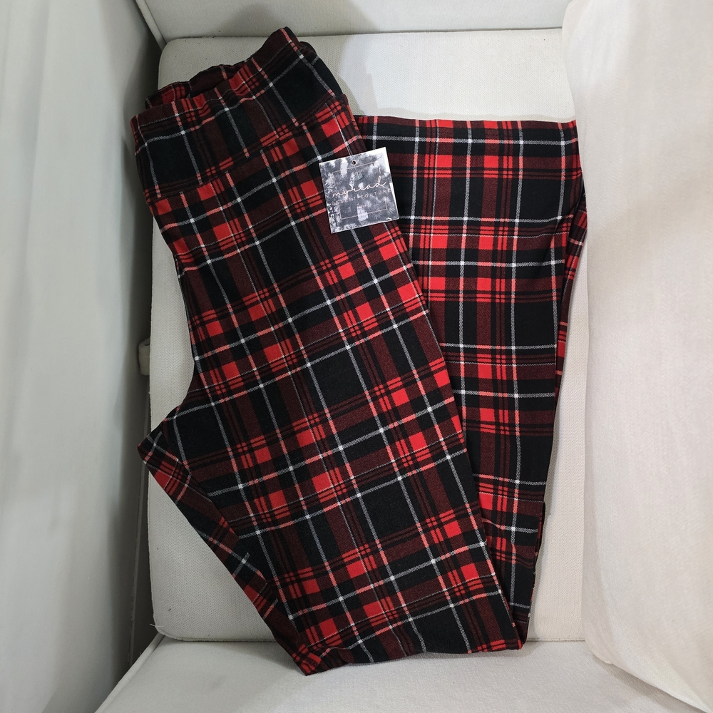 No Boundaries Red and Black Plaid Bell Bottom Flare Leggings
